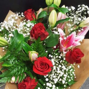 Margaret Raymond Florist Pink Lillies and Red Roses with Gyp